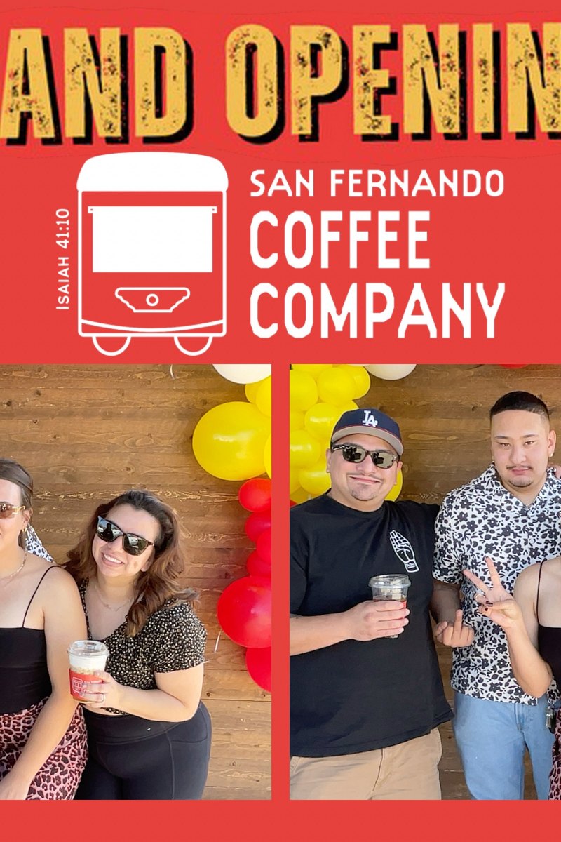 Guests at the San Fernando Coffee Company grand opening photo booth