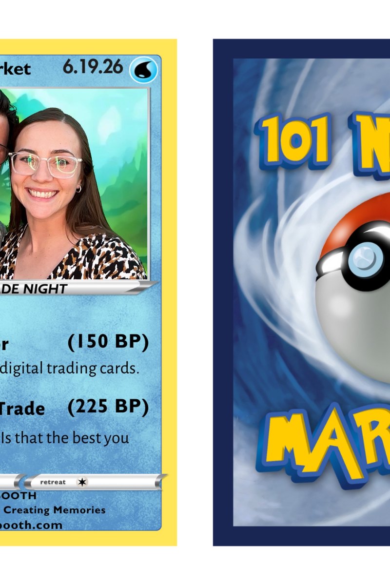 A guest in a trading card themed template at a night market photo booth
